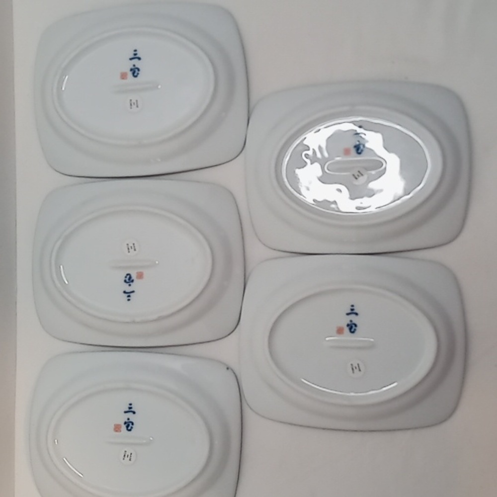 JAPANESE Set Of 5 Porcelain Sushi Dish Hand Painted Blue White Floral Design - Picture 4 of 9